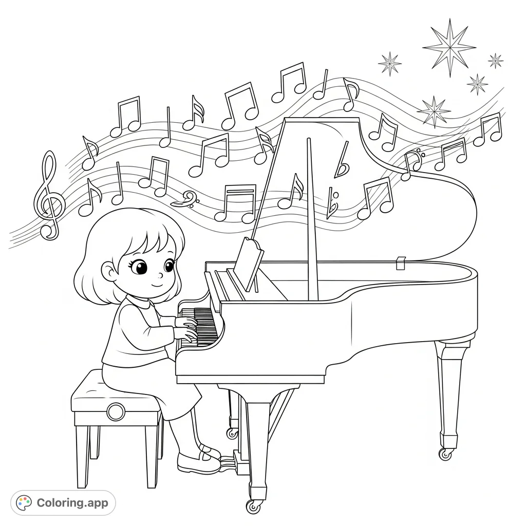 A delightful free printable musical girl coloring page featuring a charming girl playing piano amidst floating notes and stars. Perfect for kids and music lovers!