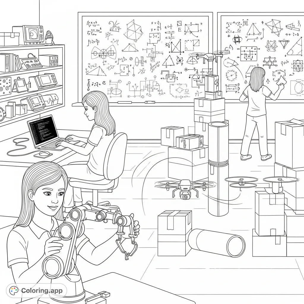 Explore an exciting innovation hub with girls engaged in coding, robotics, and drone piloting. A detailed STEM coloring page for aspiring young inventors.