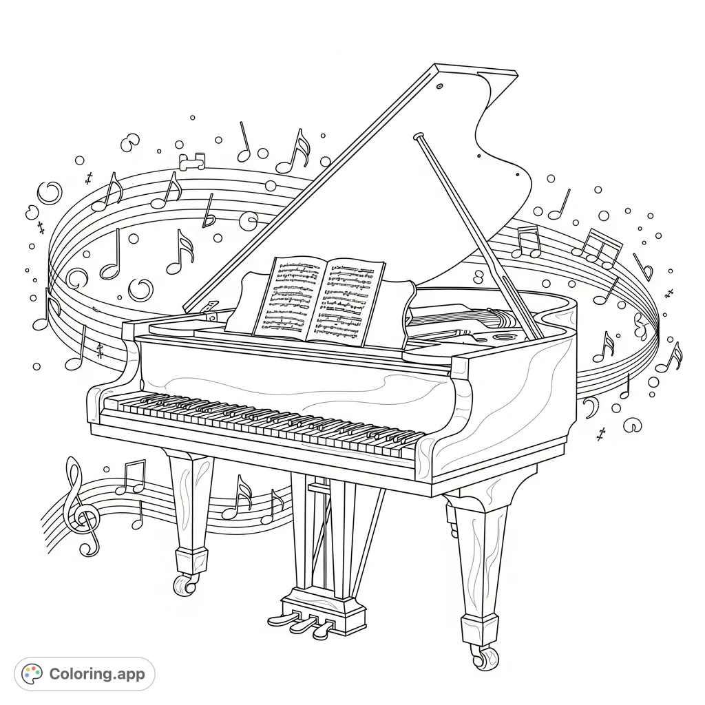 Capture the elegance of a grand piano surrounded by a symphony of decorative musical notes. A challenging yet rewarding coloring page for music lovers.
