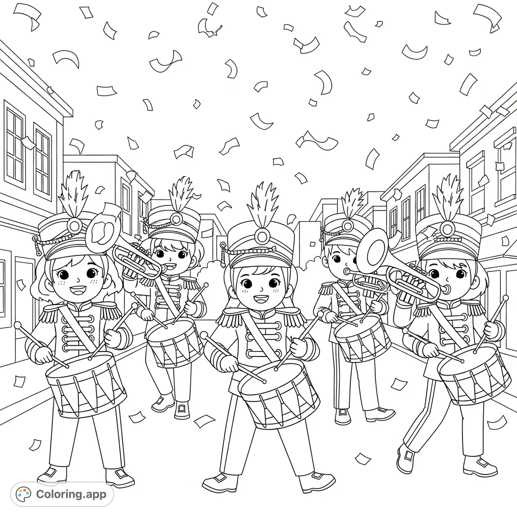 A delightful marching band parade coloring page featuring children playing drums and trumpets in detailed uniforms, amidst falling confetti.