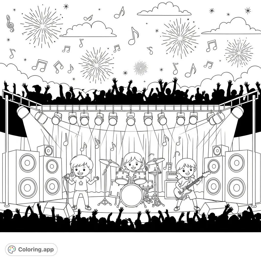 Experience the excitement of a kids' concert! Young performers rock the stage before a cheering crowd, with fireworks and music notes filling the sky.