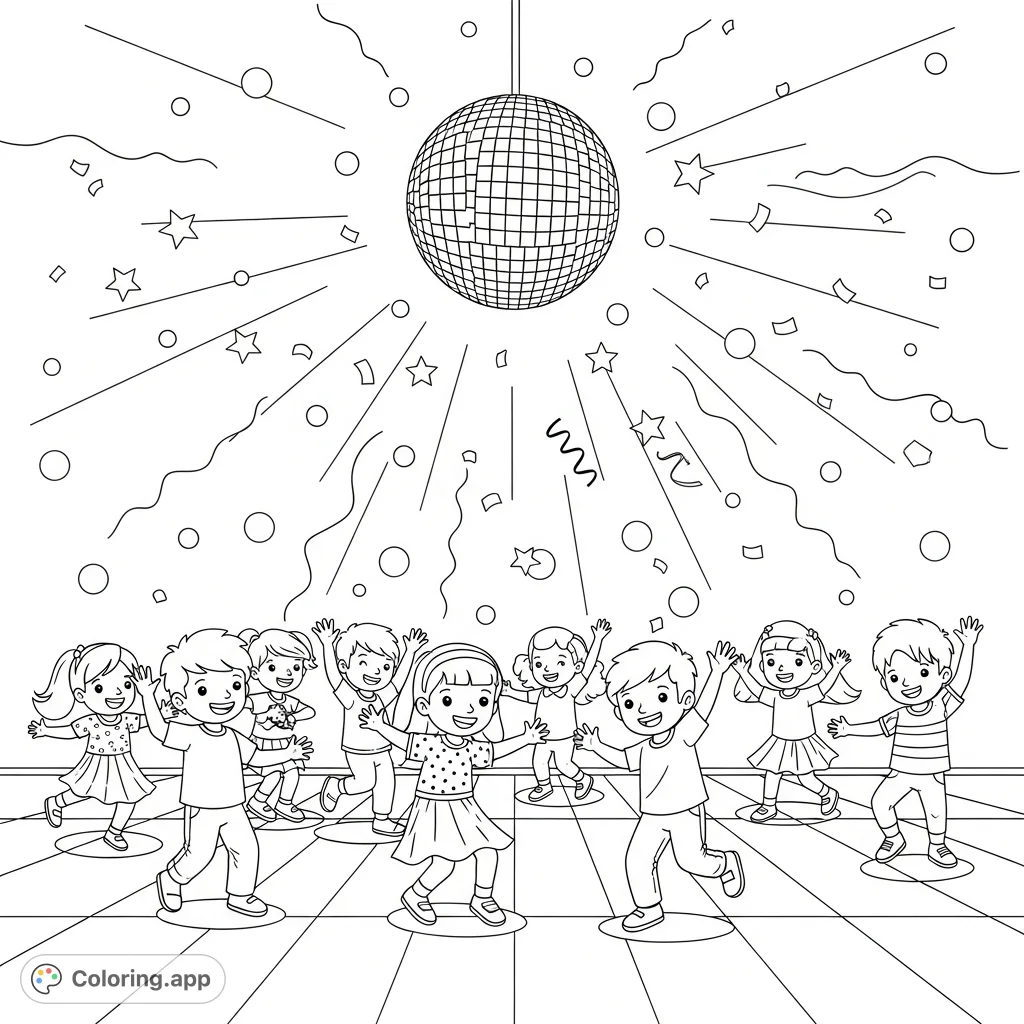 A lively scene of kids dancing under a shimmering disco ball, surrounded by celebratory confetti and energetic sound waves. Perfect for imaginative coloring fun!