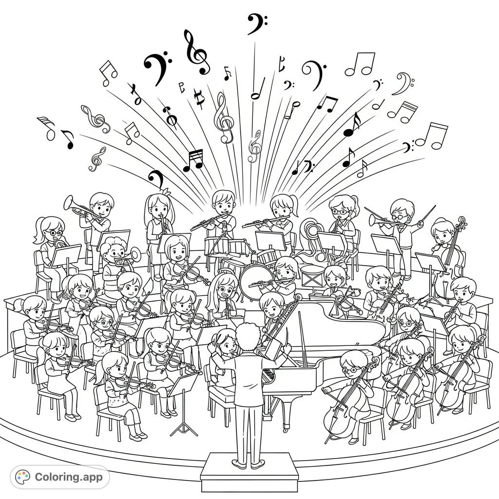 An energetic coloring page featuring a children's orchestra on a grand stage, with a conductor and magical fireworks of music notes.