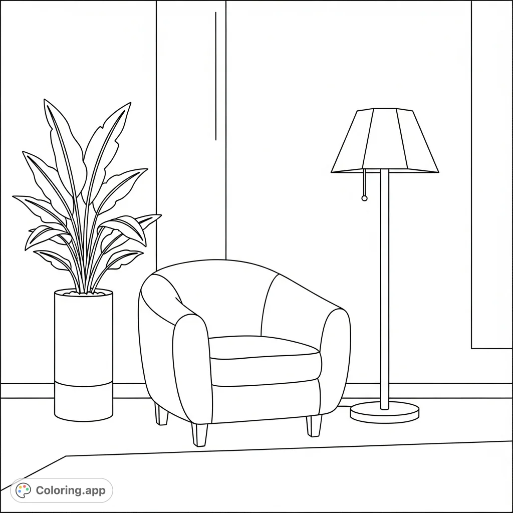 Discover a serene minimalist lounge featuring a plush armchair, elegant floor lamp, and a leafy potted plant. A perfect scene for modern relaxation.