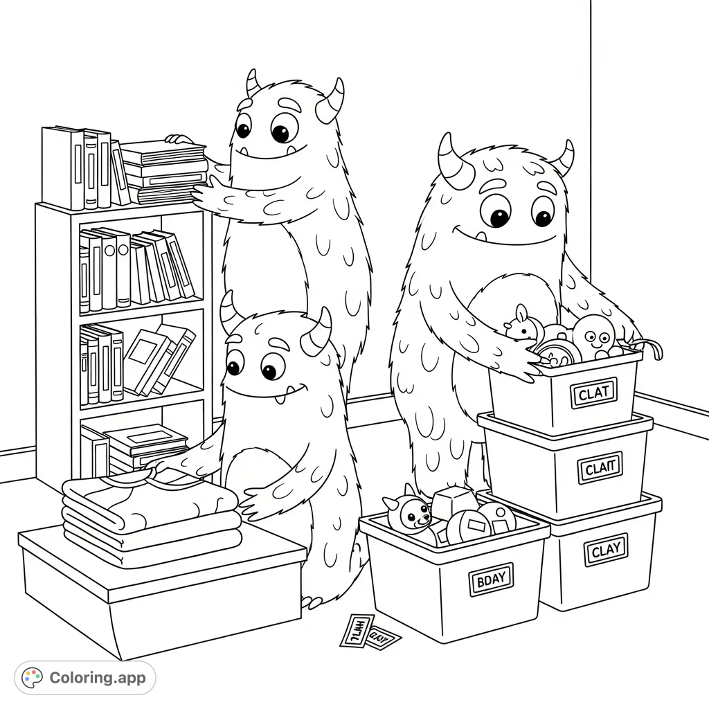 Three friendly monsters bring joy and order to a child's bedroom, meticulously arranging books, folding clothes, and labeling toy bins. A charming scene of calm organization.