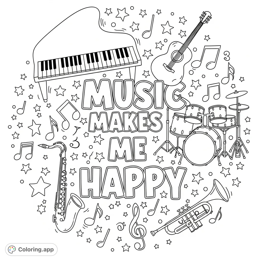 A cheerful "Music Makes Me Happy" lettering page surrounded by whimsical musical instruments, notes, and stars, perfect for all ages.