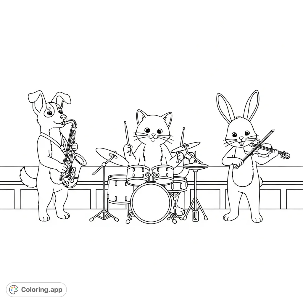 A charming animal band featuring a dog, cat, and bunny playing instruments on a simple stage. A delightful free printable animal band coloring page for kids.