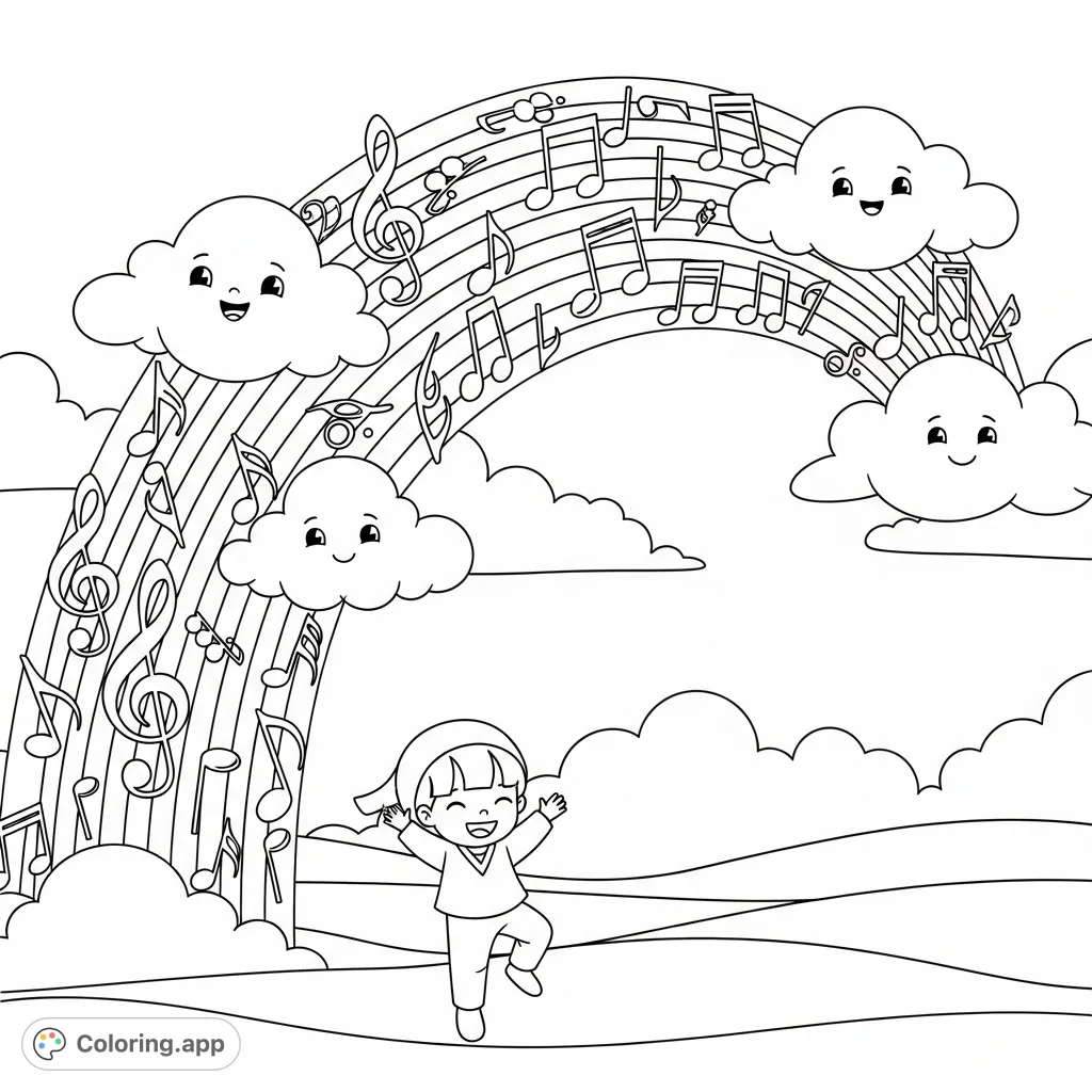 A joyful child dances under a unique rainbow crafted from musical notes. Surrounded by cheerful, smiling clouds, this easy-to-color scene inspires creativity and rhythm.