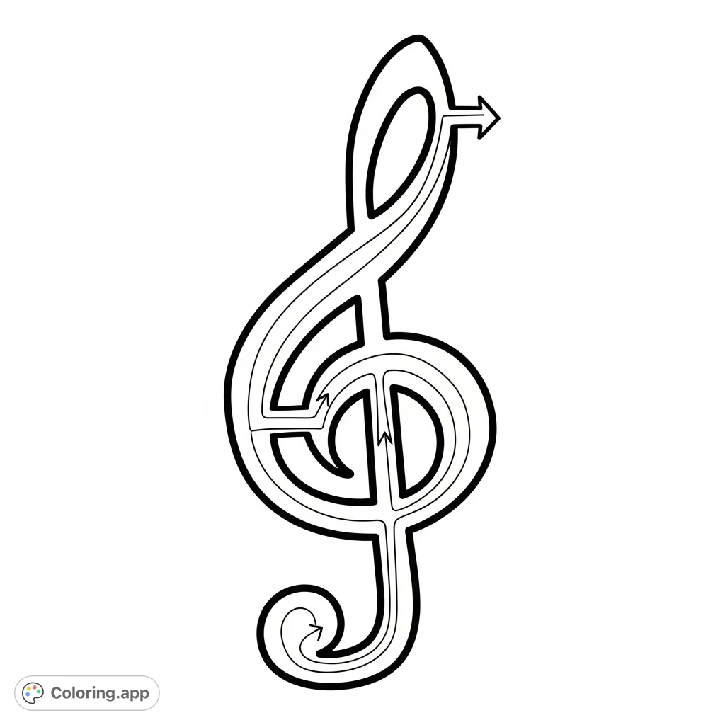 Navigate a simple maze within a classic treble clef. Perfect for young learners to trace and color, enhancing musical recognition and motor skills.