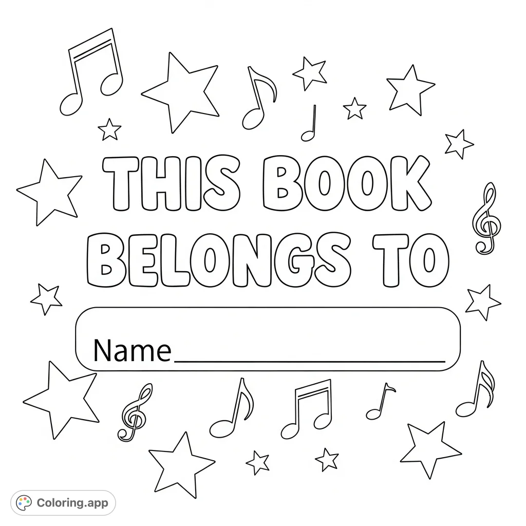 A fun, personalized "This Book Belongs To" page for kids, featuring friendly text, playful music notes, and twinkling stars. Perfect for creative ownership.