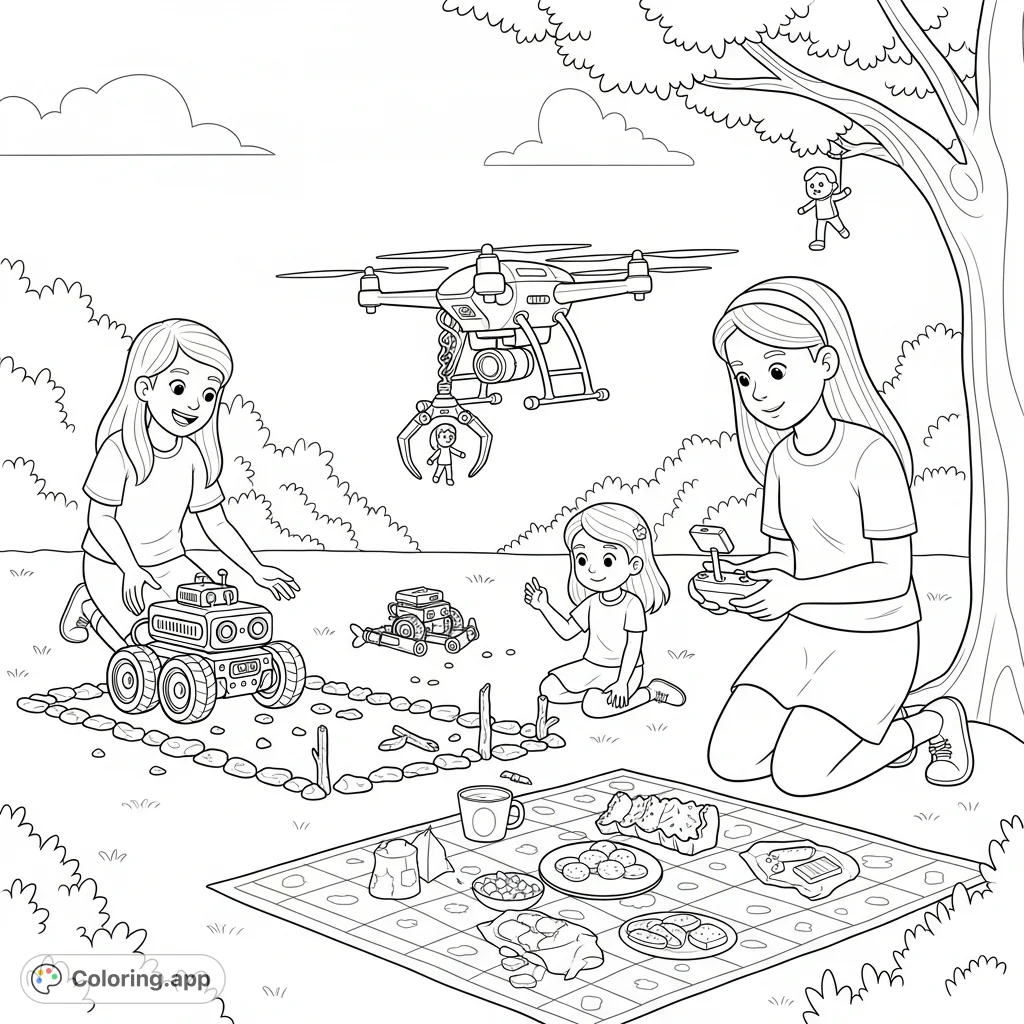 A delightful scene of girls playing in a park, guiding their robot through an obstacle course and a drone rescuing a toy. Perfect for young tech enthusiasts!