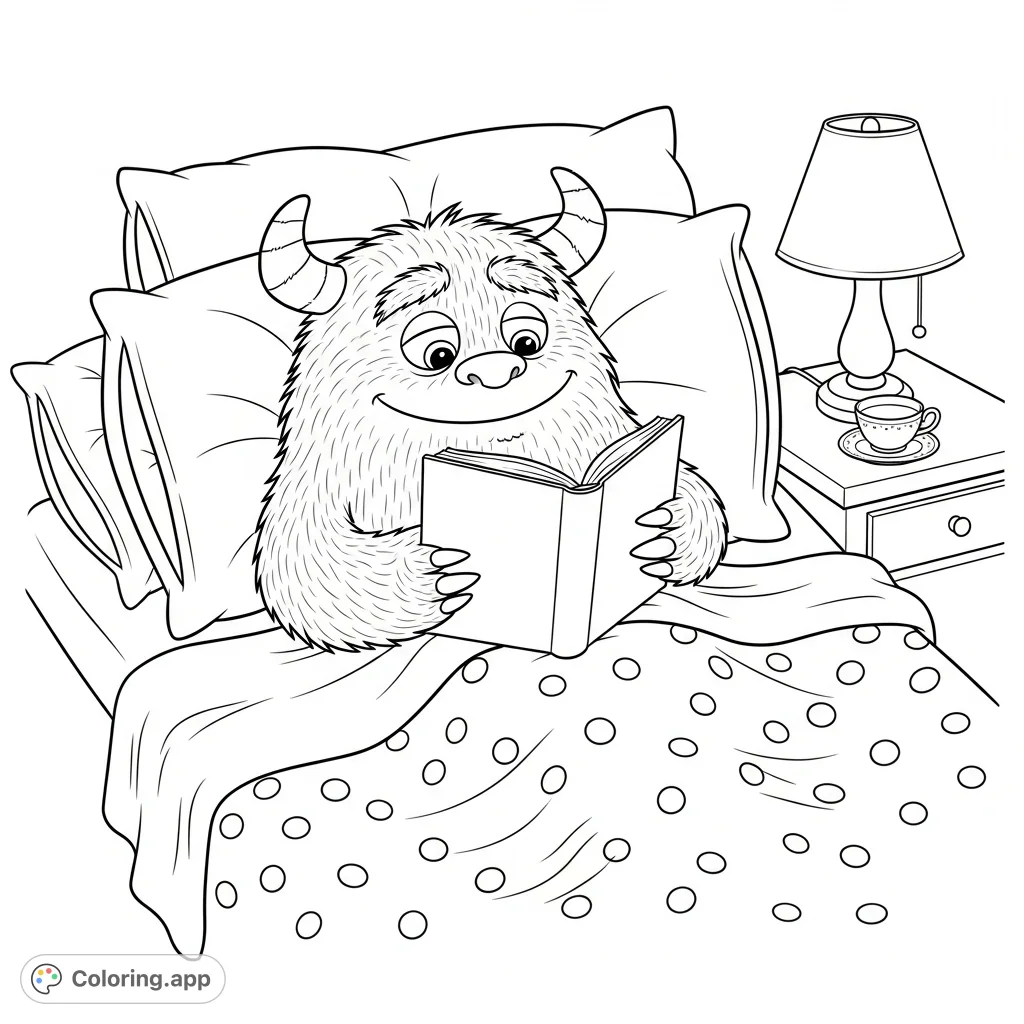 A charming fluffy monster is cozily nestled in bed, surrounded by pillows, enjoying a book with a teacup nearby. A delightful, relaxing scene for all ages.