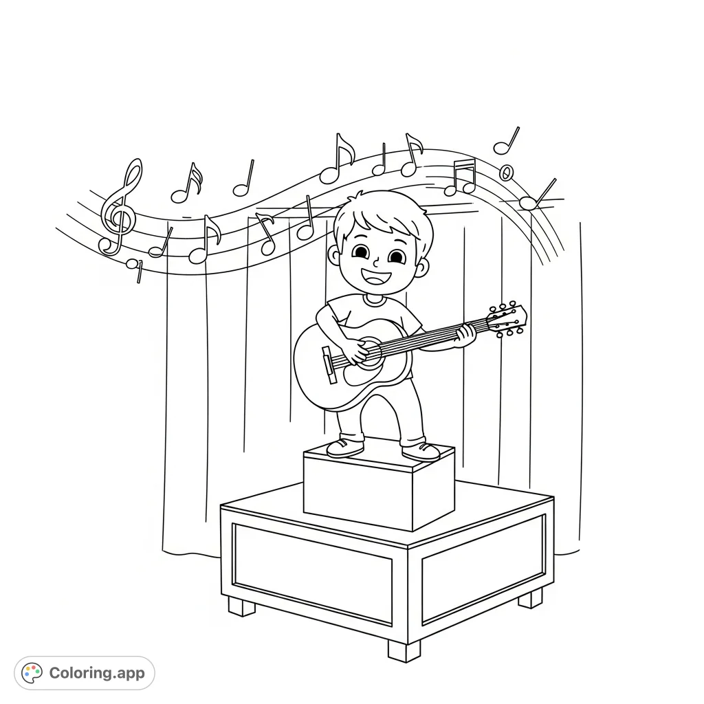 A cheerful child plays guitar on a small stage, surrounded by floating music notes. A perfect free printable music coloring page for young artists!