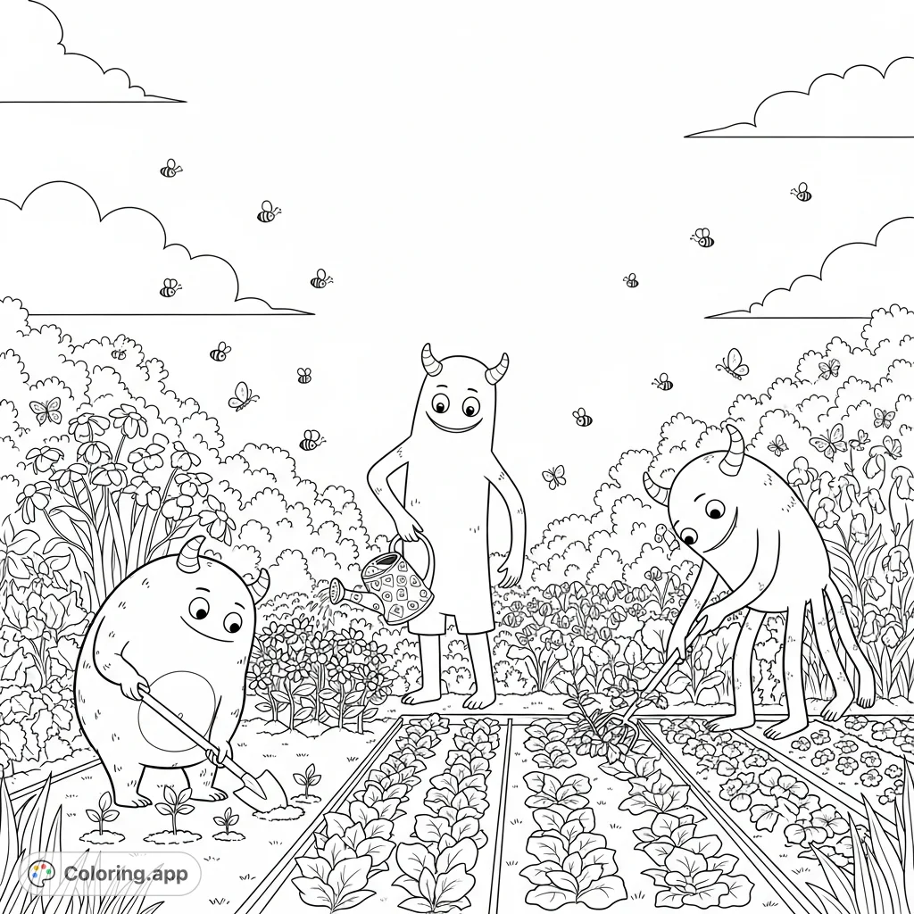 Join whimsical monsters as they tend a vibrant, lush garden, digging, watering, and weeding amidst buzzing bees and fluttering butterflies.
