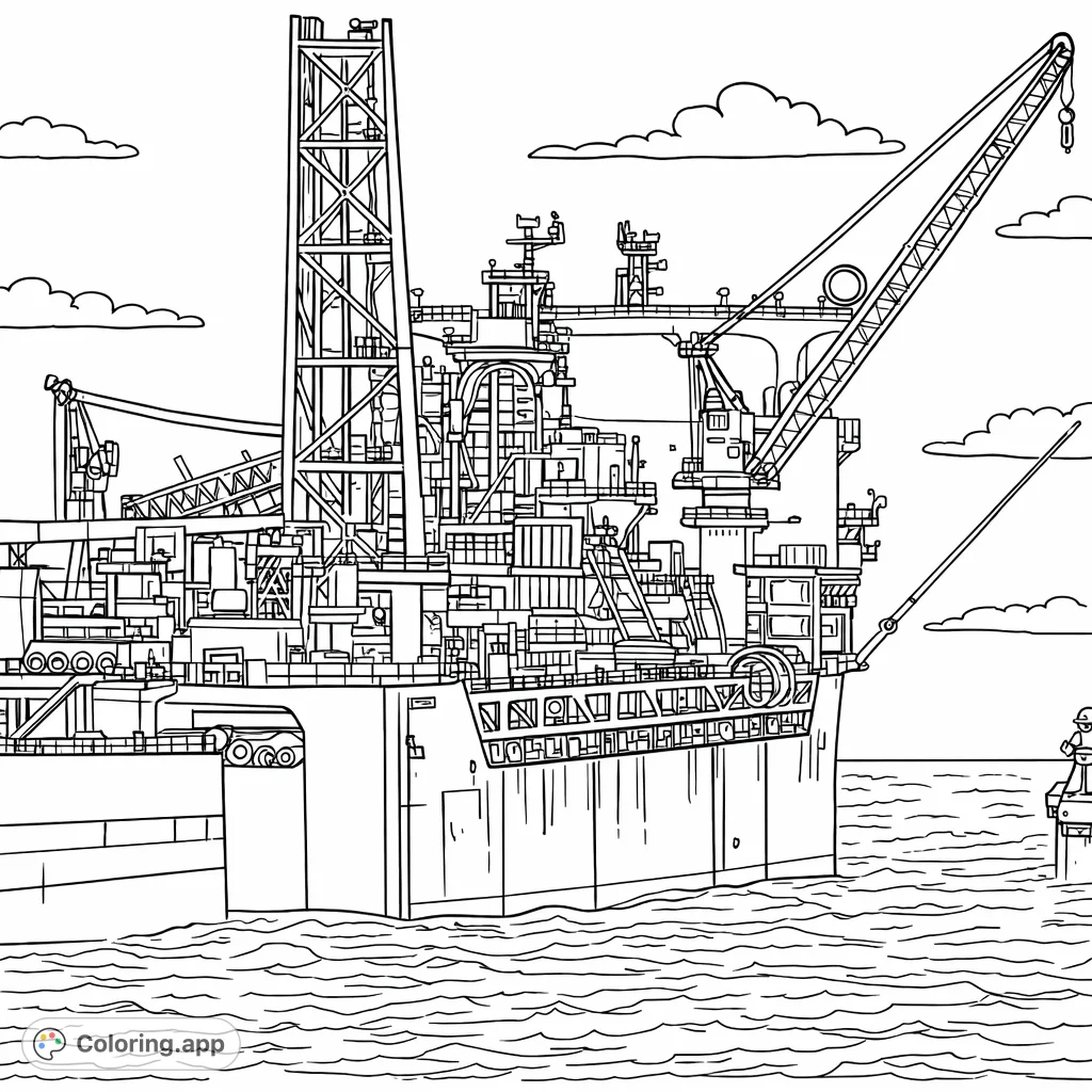 Explore a detailed offshore drilling rig at sea, an intricate industrial marvel with towering structures, complex machinery, and vast ocean surroundings. Perfect for industrial coloring page enthusiasts.