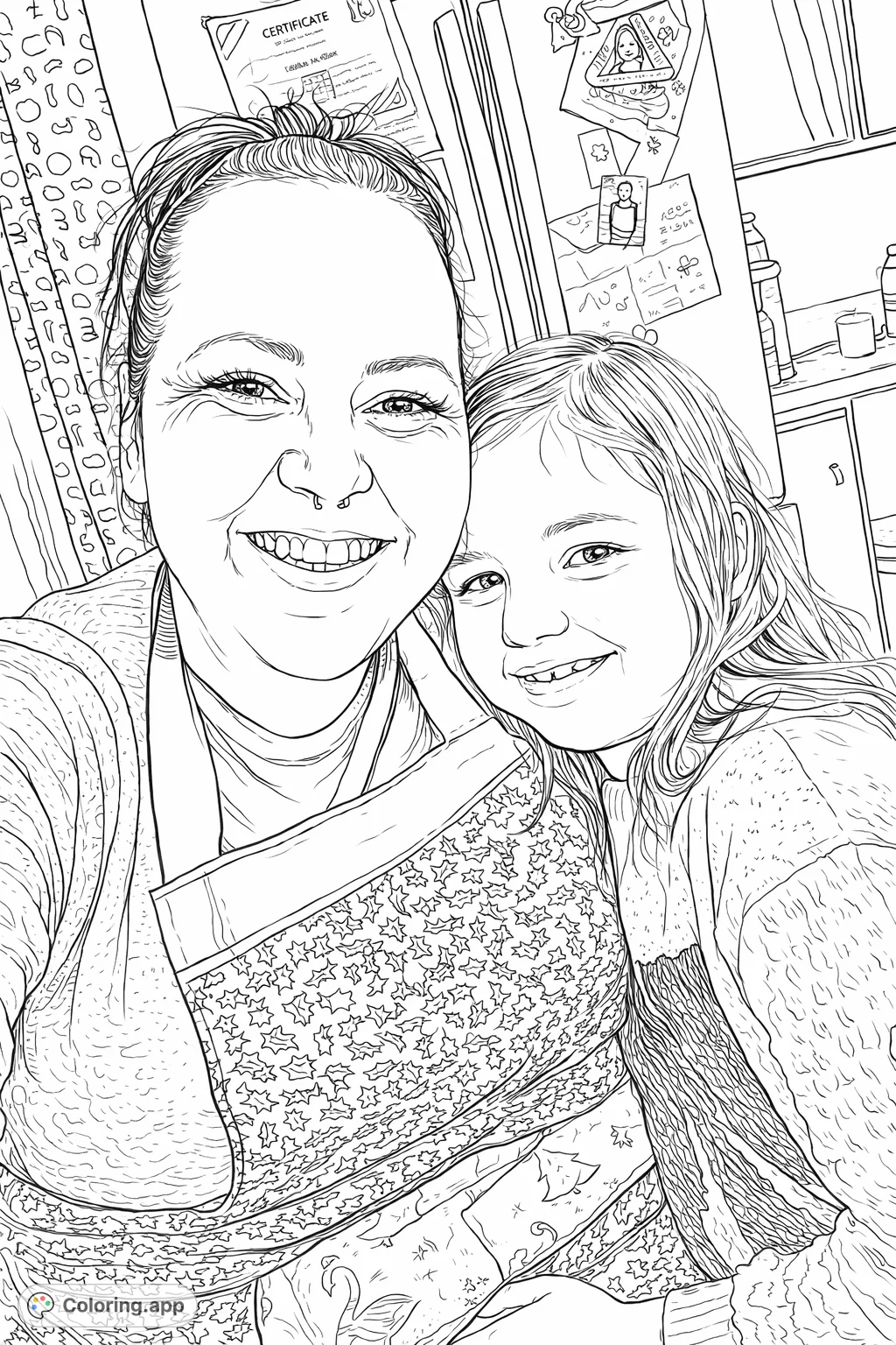 Capture a heartwarming moment with this family portrait coloring page. Features an adult and child smiling, with festive apron patterns and a busy kitchen background.