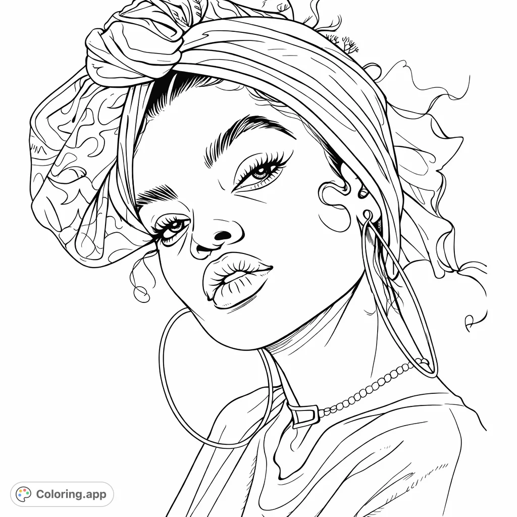 A captivating portrait featuring a person with a beautifully tied headwrap, large hoop earrings, and a confident expression. Perfect for fashion and portrait enthusiasts.
