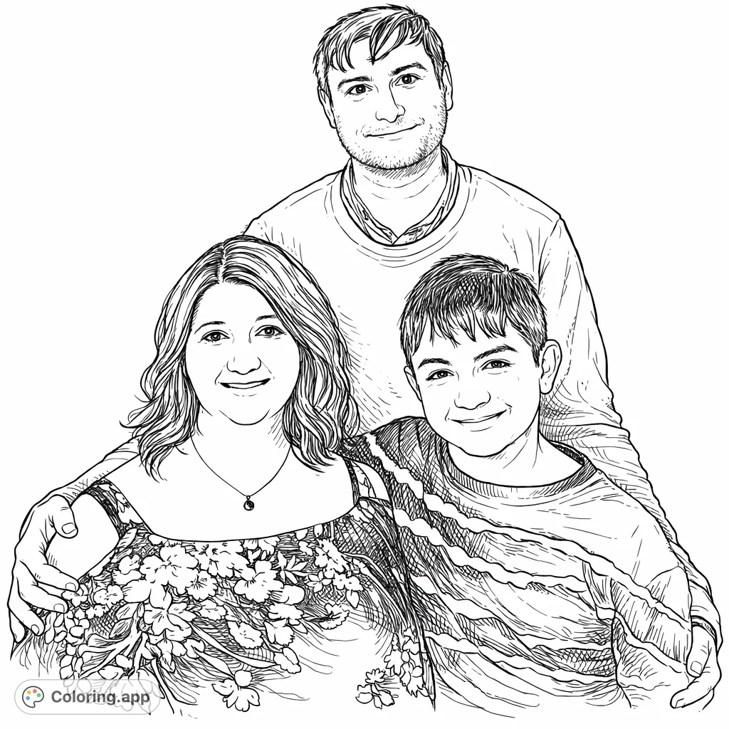 Capture a moment of togetherness with this family portrait coloring page. Three smiling figures, embracing, ready for your creative touch.