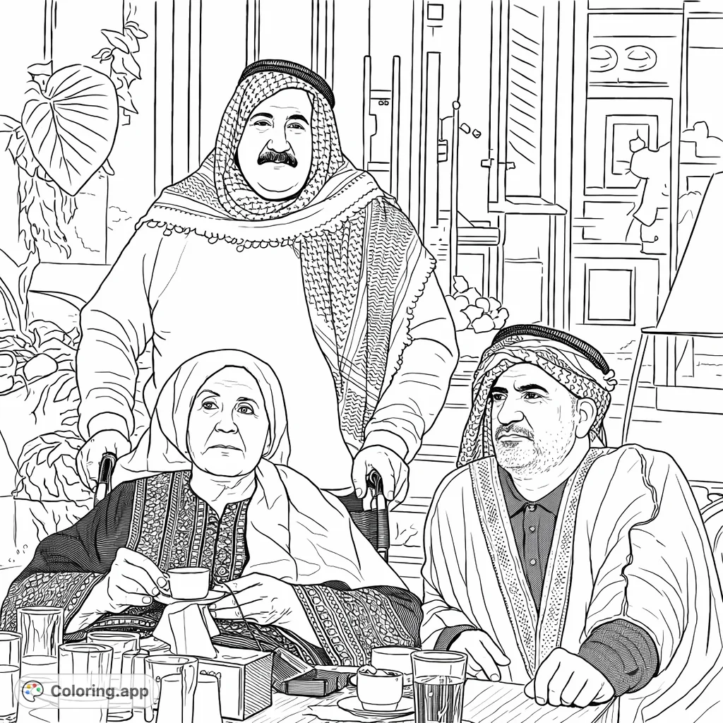 Capture the warmth of a cultural gathering. This intricate coloring page features three individuals in traditional attire at a table, full of detail.