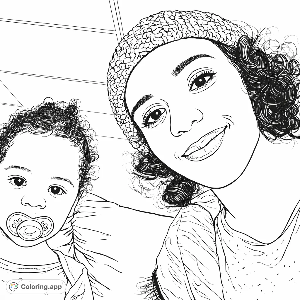 Capture a heartwarming family portrait featuring an adult and a child. This free printable coloring page offers a sweet moment for all ages to enjoy.