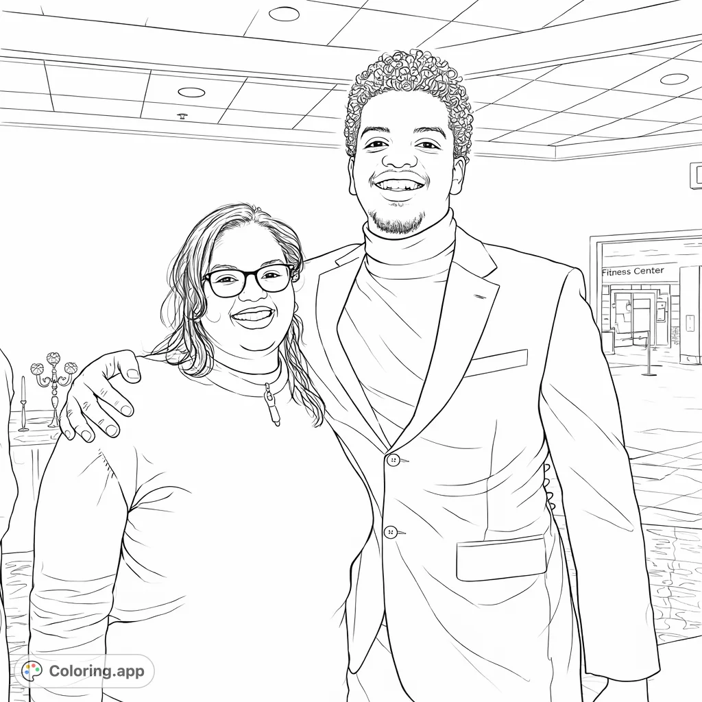Capture a moment of happiness with two smiling individuals in an indoor setting. Personalize their expressions and attire in this detailed portrait coloring page.