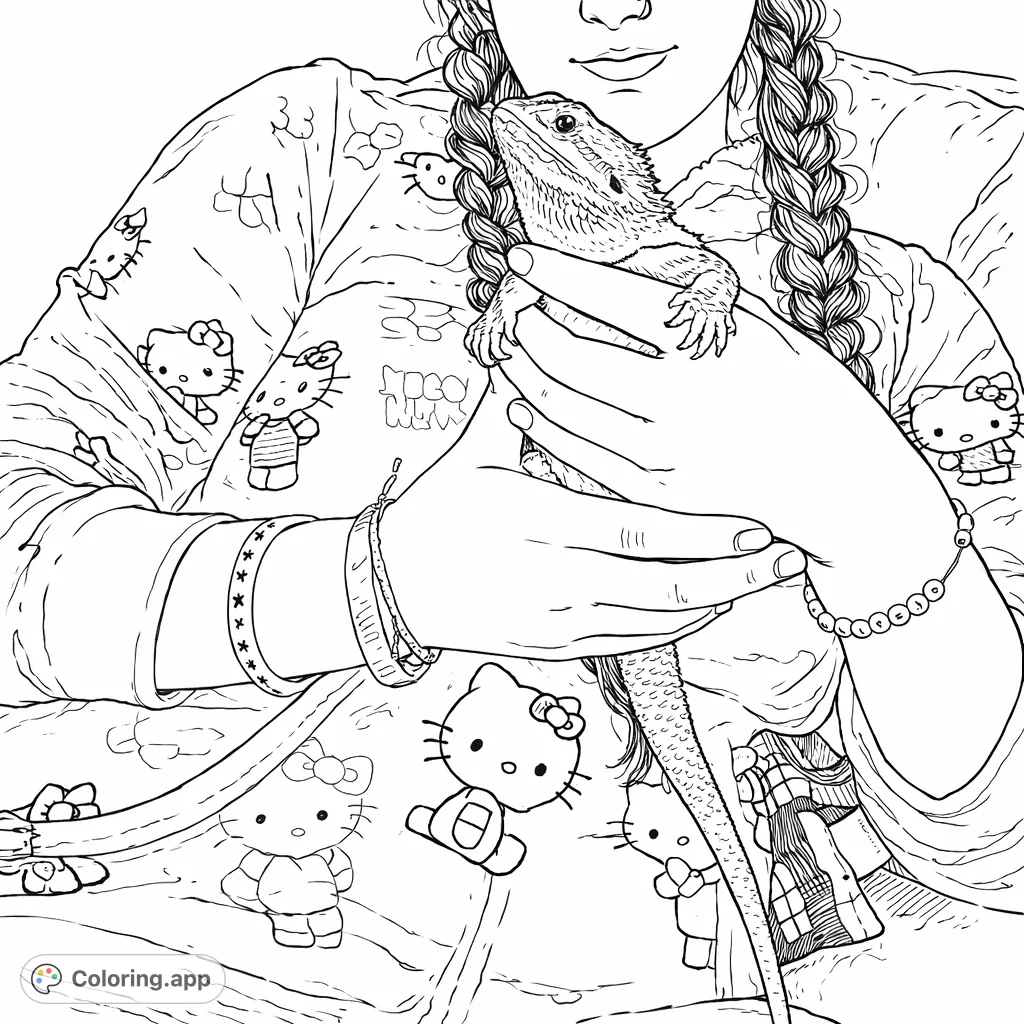 A heartwarming hand-drawn sketch of a person gently cradling their unique bearded dragon pet. Perfect for animal lovers and whimsical, detailed scenes.