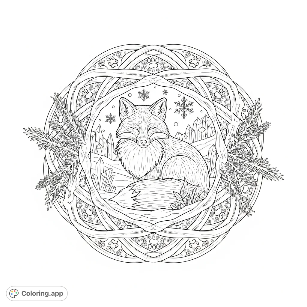 An enchanting winter fox mandala coloring page featuring a serene fox amidst intricate snowflake and frost patterns in a beautiful snowy scene.