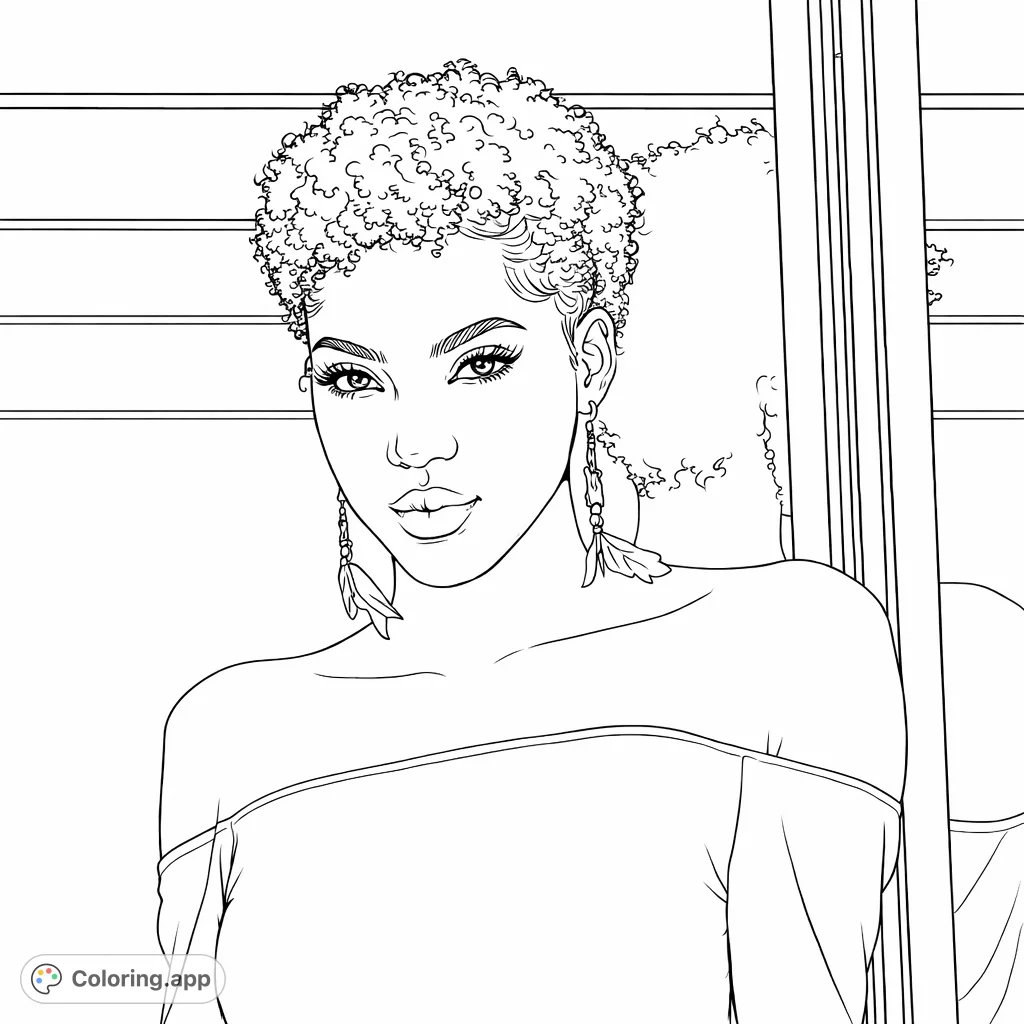 An elegant portrait coloring page of a confident woman with a short, textured hairstyle and striking earrings, perfect for fashion and portrait enthusiasts.