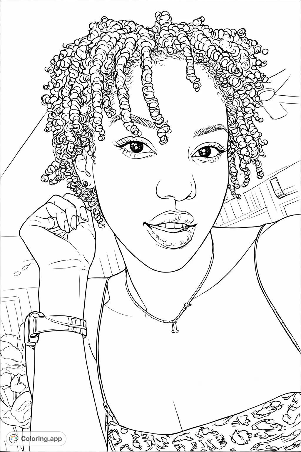 An elegant portrait featuring a person with distinct curly hair, accessorized with a necklace and watch. Perfect for personal expression and detailed coloring.