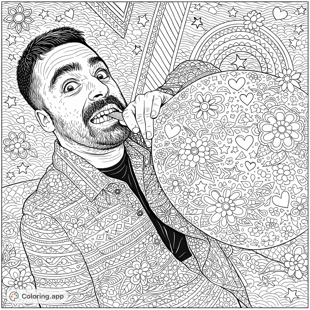Capture a moment of exaggerated fun with this man blowing a balloon coloring page! Full of intricate patterns, flowers, and geometric designs.