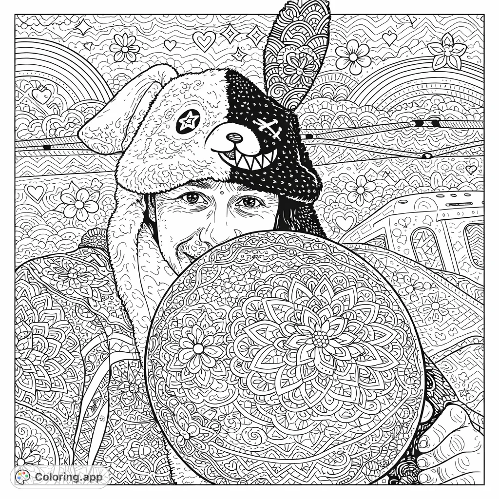 Discover a unique character wearing a distinctive two-faced bear hat, holding a large sphere. Intricate patterns and decorative elements fill this engaging coloring page.