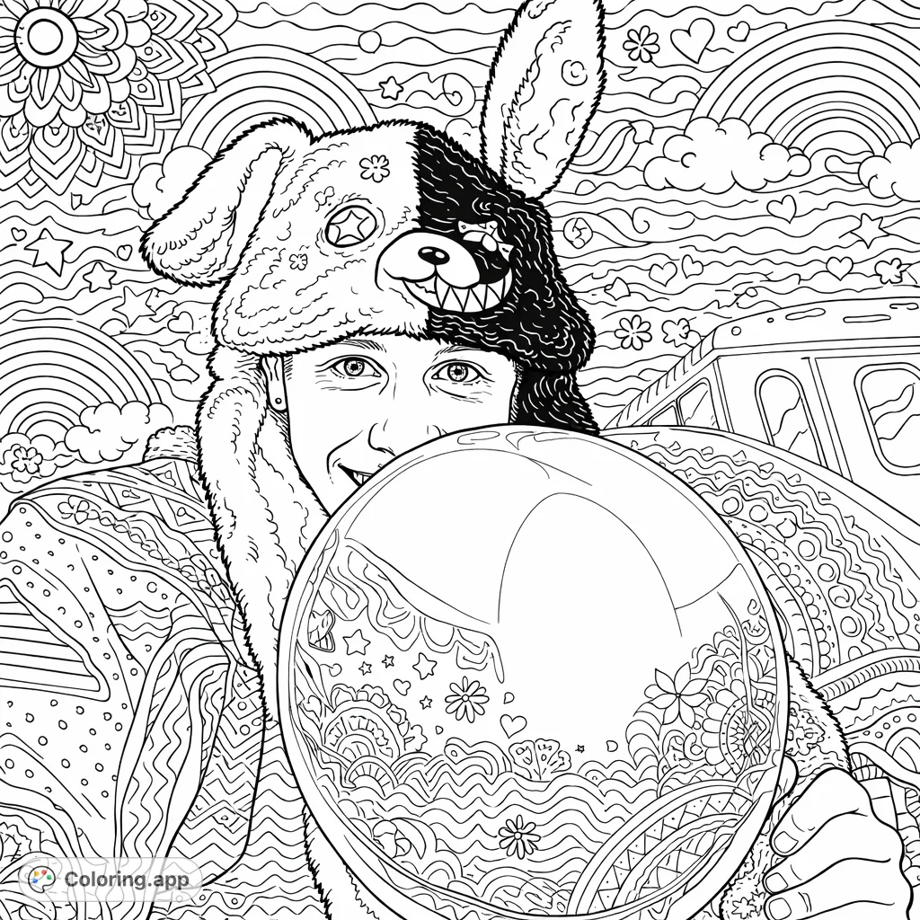 A captivating character portrait featuring a person wearing a unique split-face bear hat, holding a large balloon. A fun and expressive scene ready for your creative touch.