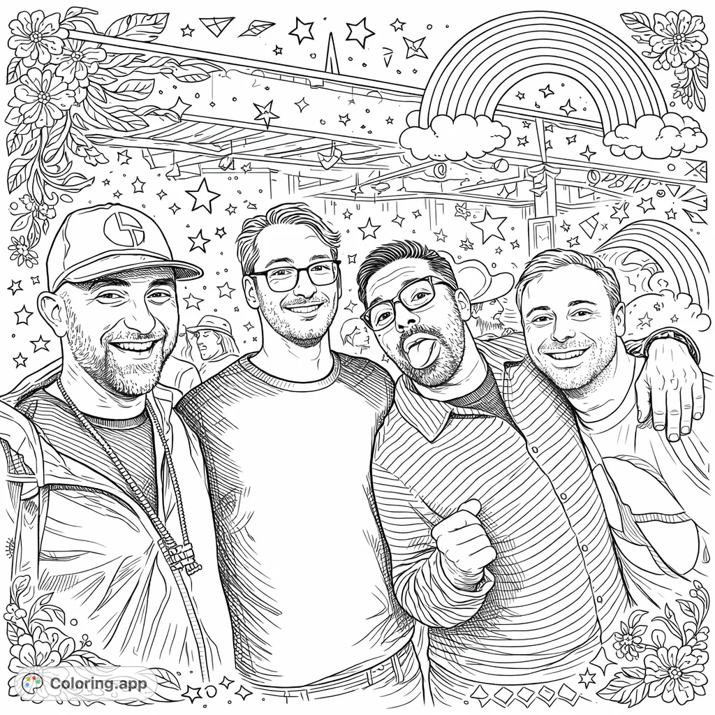 A lively coloring page featuring four cheerful friends at a vibrant indoor venue, surrounded by decorative floral flourishes, stars, and geometric patterns.