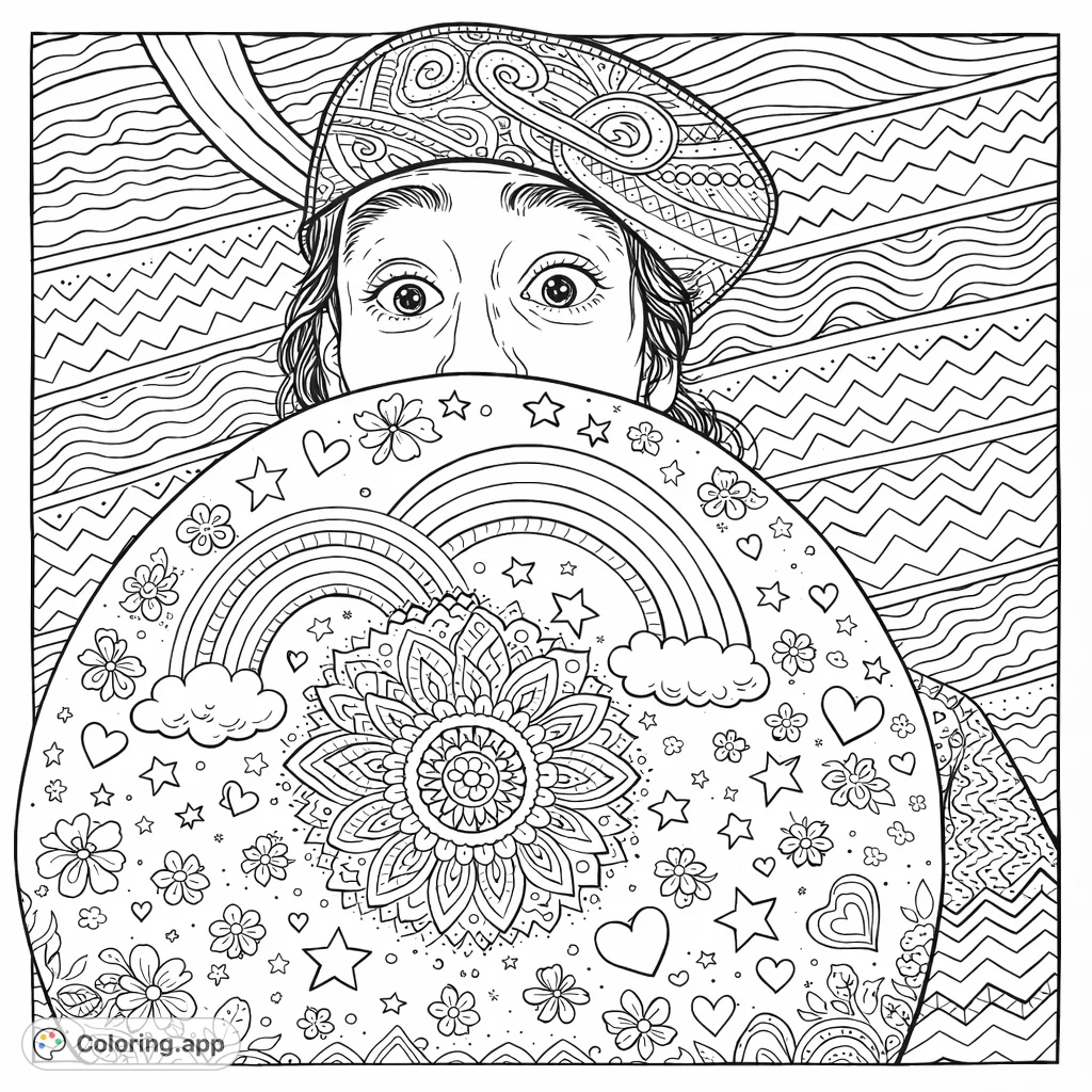 A lively person with wide eyes blowing an intricately patterned balloon, featuring mandalas, rainbows, and zigzags, set against a fun, patterned background.