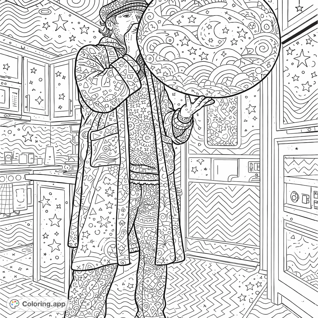 Color a patterned figure inflating an abstract balloon with celestial stars and waves. A detailed, free printable coloring page for creative fun.