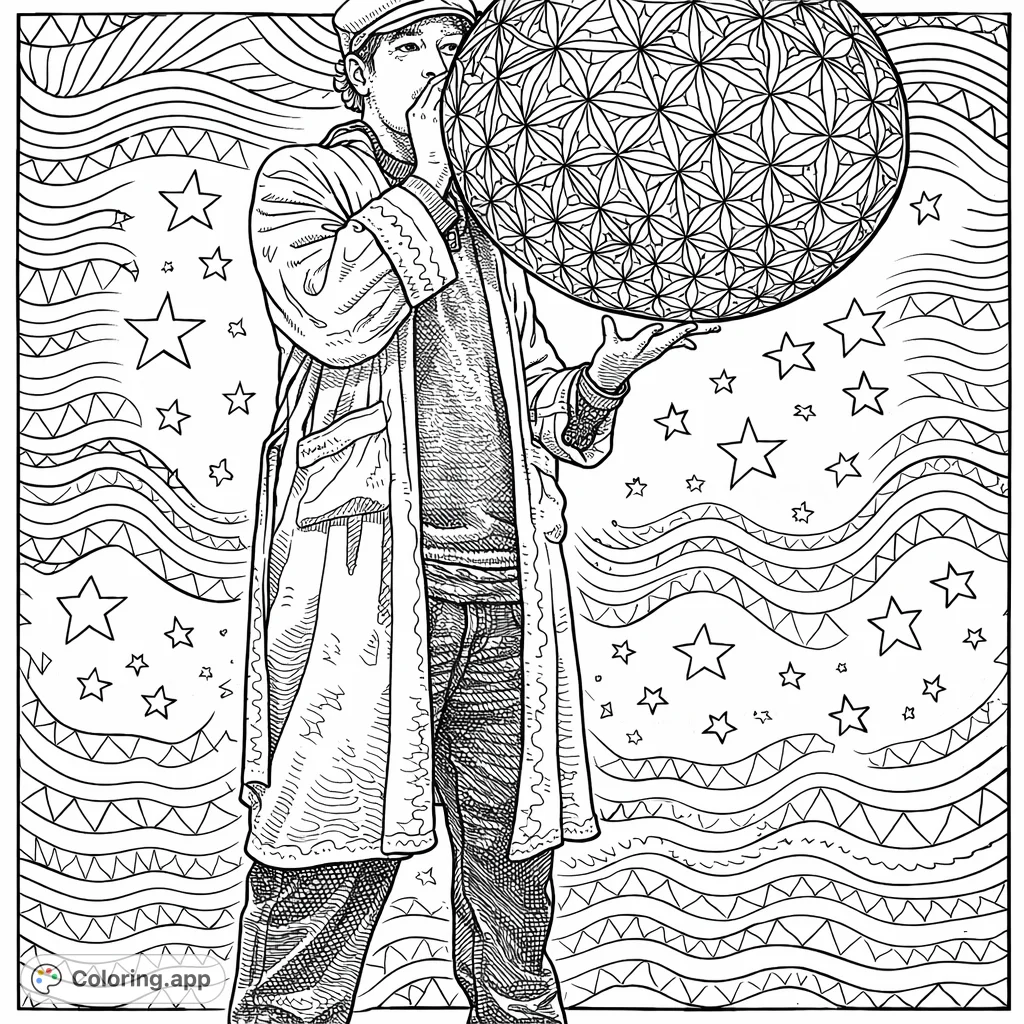 Embark on a whimsical adventure with this intricate balloon coloring page. Features a person inflating a grand, geometrically patterned balloon, set against wavy patterns.
