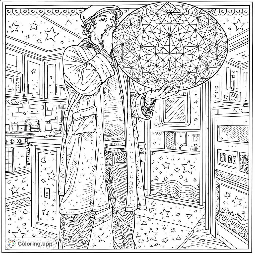 A whimsical scene unfolds with a robed figure interacting with a patterned, floating balloon in a detailed indoor setting, inviting creative coloring.