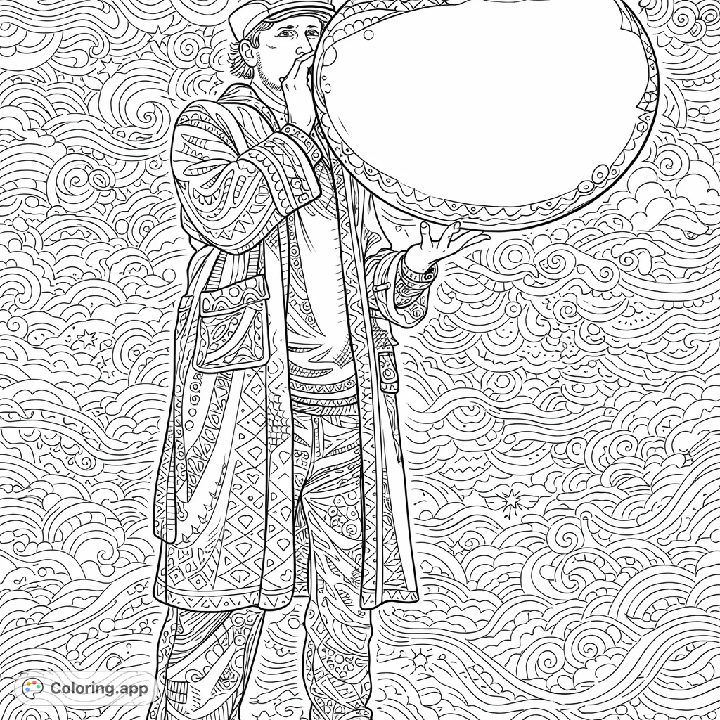 A whimsical figure inflates a colossal sphere in a cozy interior, offering intricate patterns and decorative backgrounds for a creative coloring adventure.