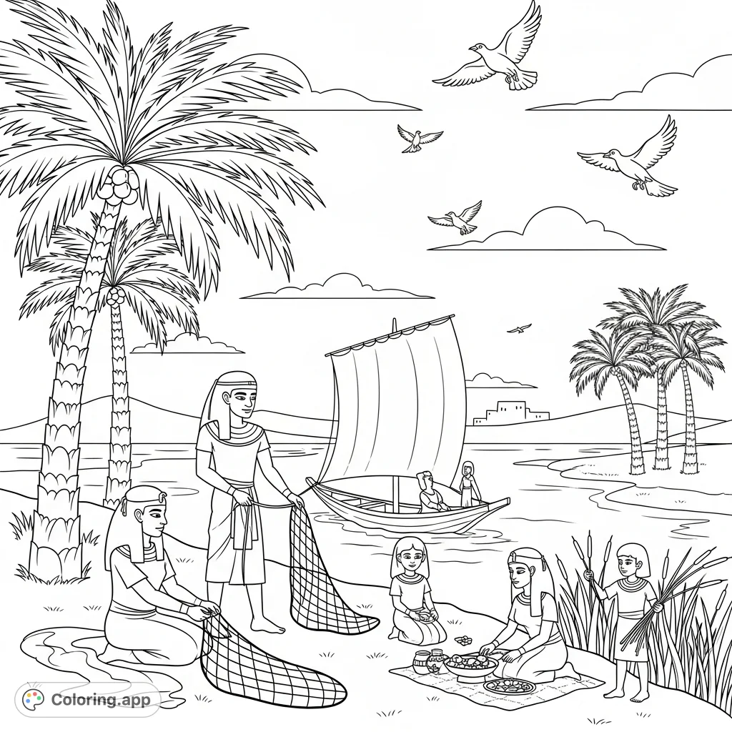 Explore an ancient Egyptian family working by the Nile River. A free printable coloring page depicting daily life, boats, palm trees, and birds.