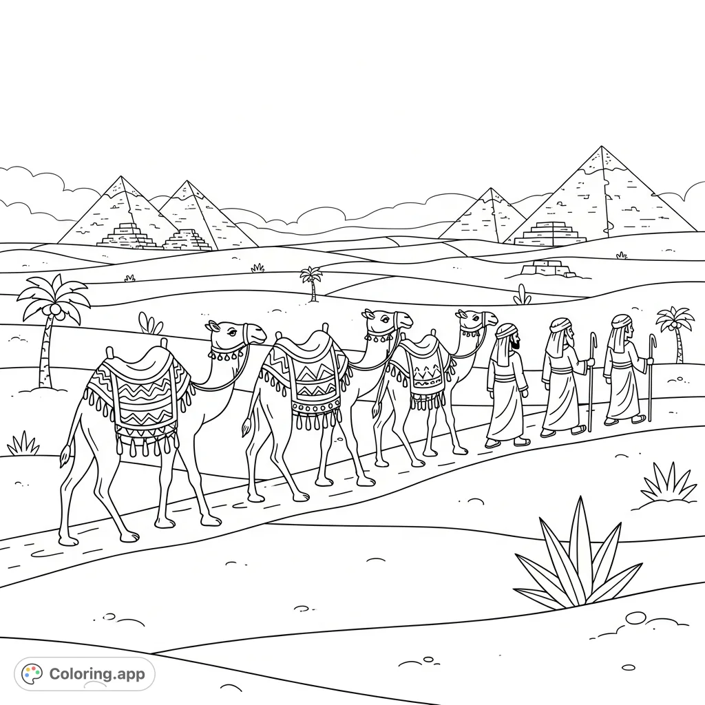 Experience an ancient desert journey. A camel caravan with friendly travelers moves across sandy dunes, distant pyramids rising under a vast sky.
