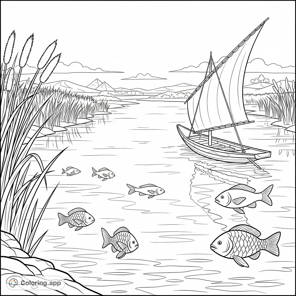 Immerse yourself in a serene Nile River scene, featuring swimming fish, lush reeds, and a tranquil sailboat. A peaceful escape awaiting your creative touch.
