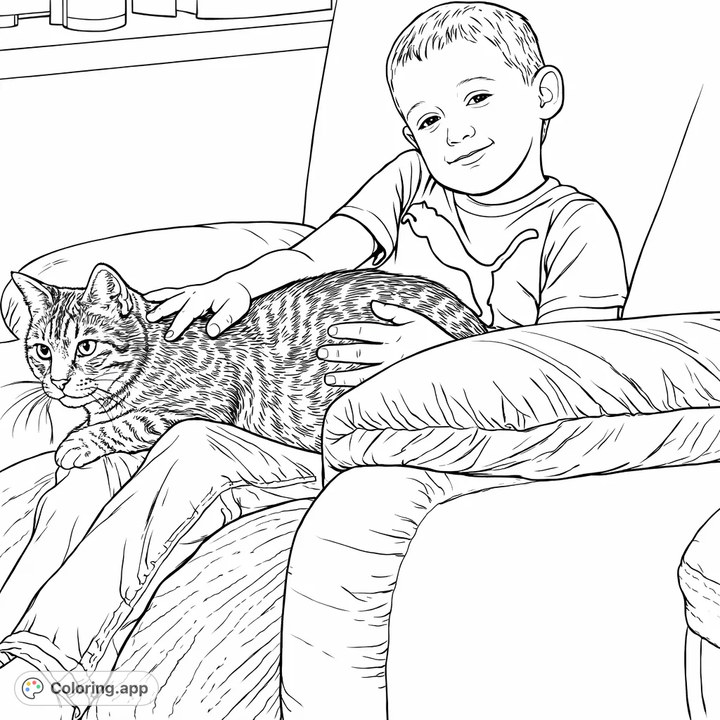 A heartwarming scene of a smiling boy cuddling his patterned cat on a soft sofa. Perfect for pet lovers and a cozy coloring experience.