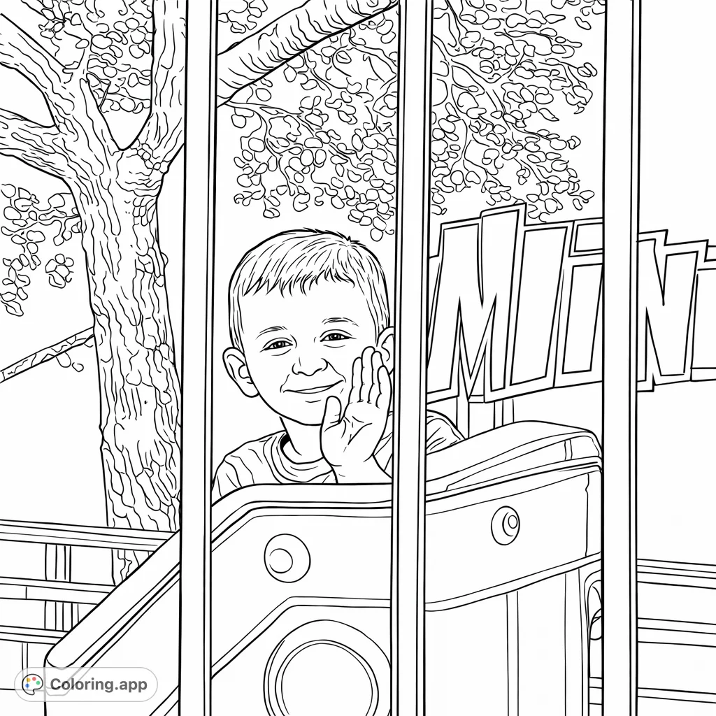 A happy boy waves from an amusement park ride car, with a large tree and a fun sign in the background. Perfect for a fun coloring adventure!