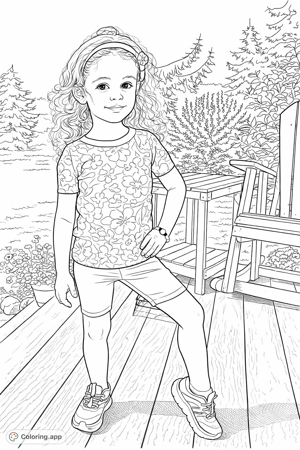 A charming coloring page featuring a young girl with curly hair in a playful pose on a wooden deck, surrounded by garden elements.