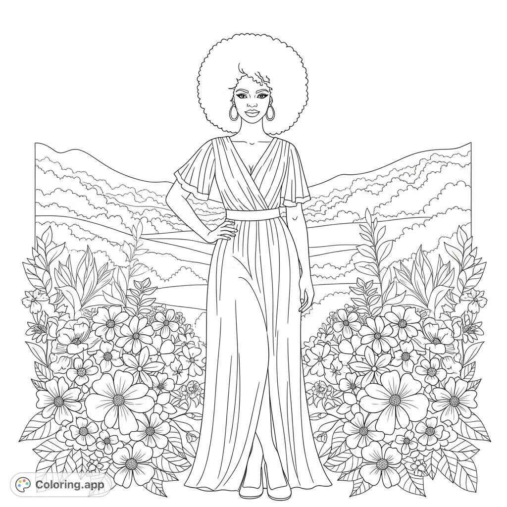 An elegant portrait of a confident woman with a majestic afro, surrounded by an abundance of blooming flowers, set against a serene nature backdrop.