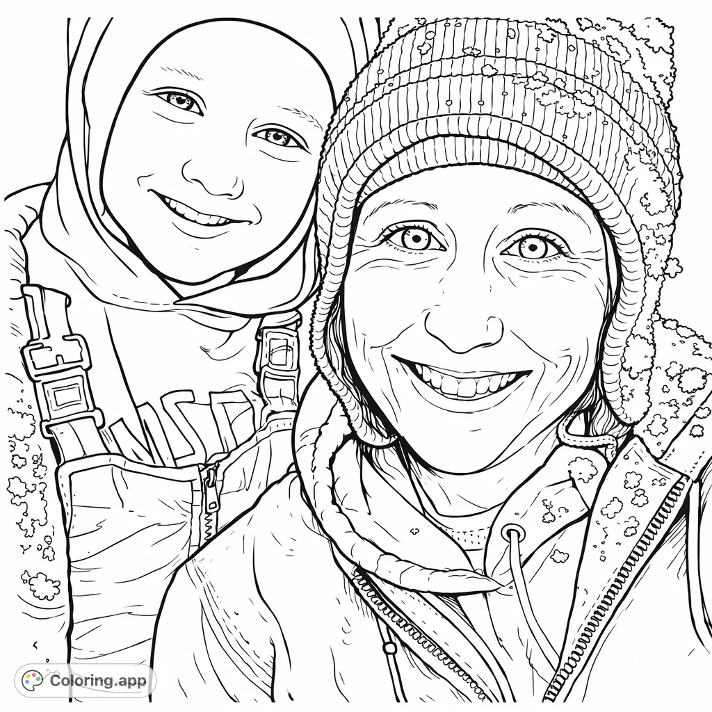 A heartwarming winter scene featuring two smiling individuals bundled in warm attire, covered in gentle snowfall, perfect for a cozy coloring experience.