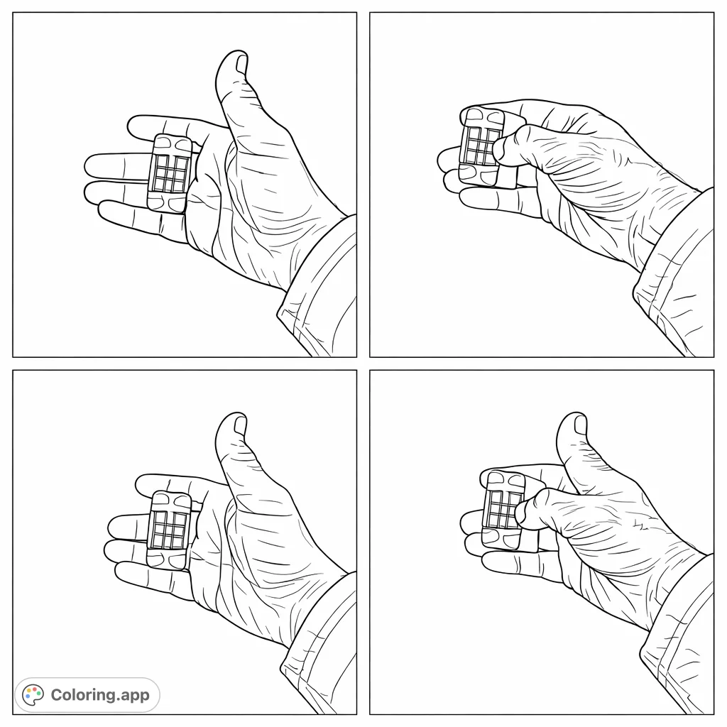 A detailed depiction of a hand holding a small, rectangular object with intricate geometric patterns. Perfect for a mindful coloring experience.