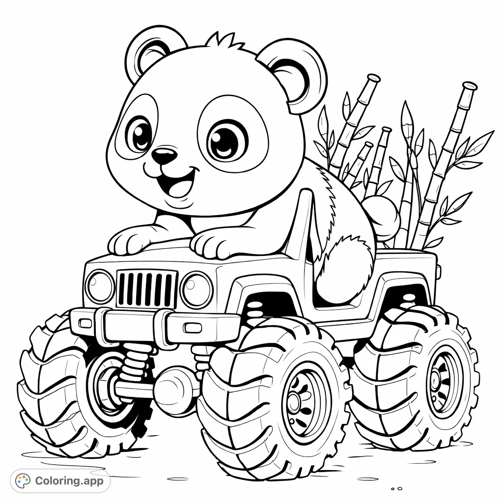 Hop aboard for adventure with this adorable panda driving a monster truck! Features a cute panda, a rugged vehicle, and bamboo cargo, perfect for imaginative coloring fun.