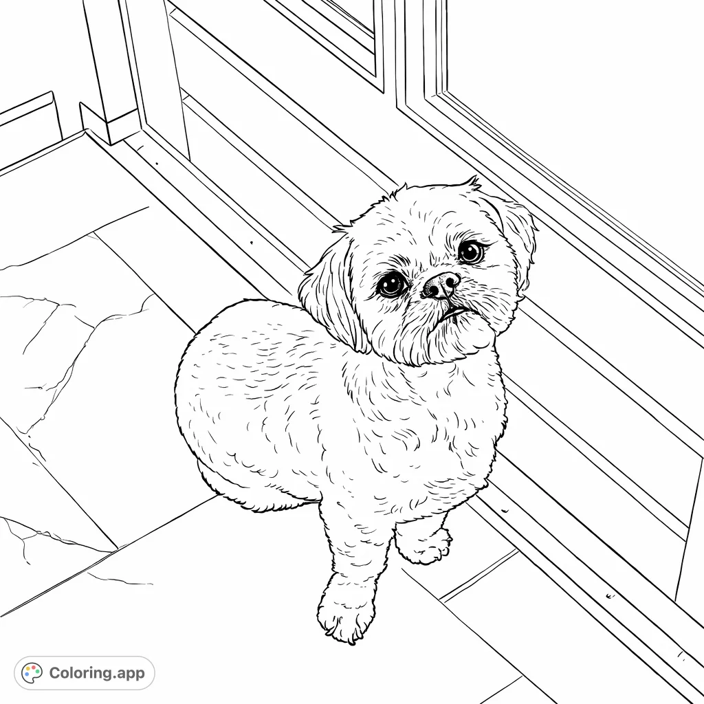 An adorable Shih Tzu dog looking up with tilted head, perfect for dog lovers of all ages! Enjoy this charming dog coloring page.