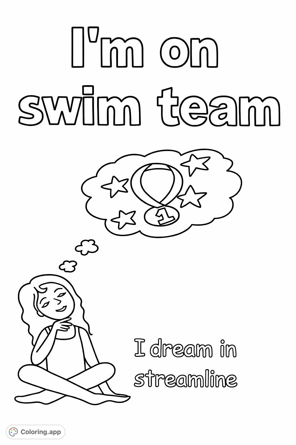 A cartoony swim team coloring page featuring a swimmer dreaming of a medal. Ideal for kids to color and celebrate athletic goals.